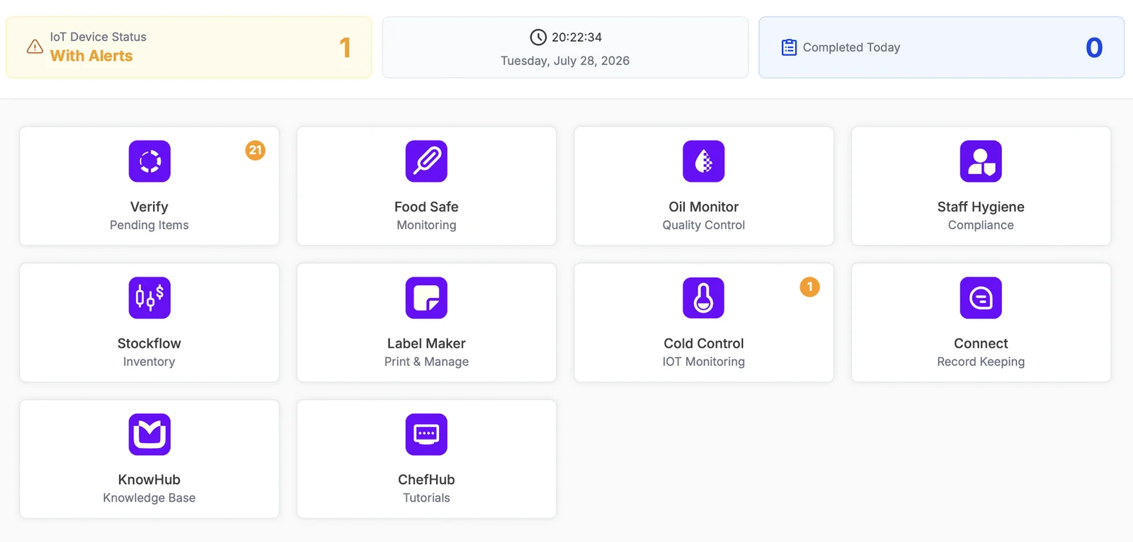 TableSafe Control dashboard showing device status, checks completed today and food safety modules
